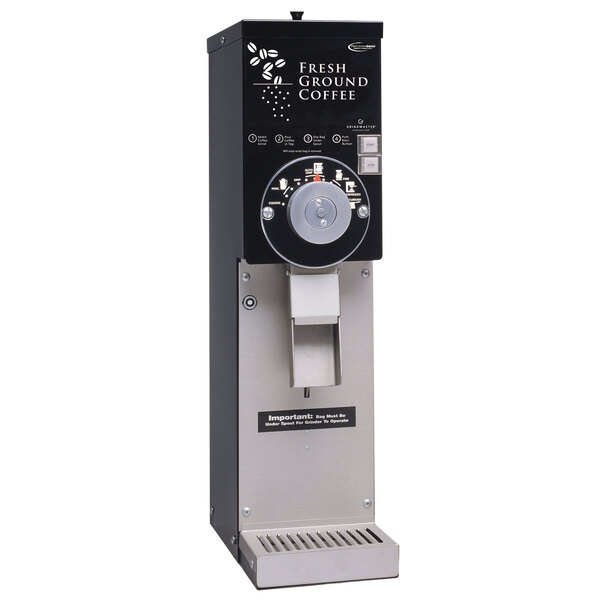 A black Grindmaster Slimline coffee grinder with a round dial.