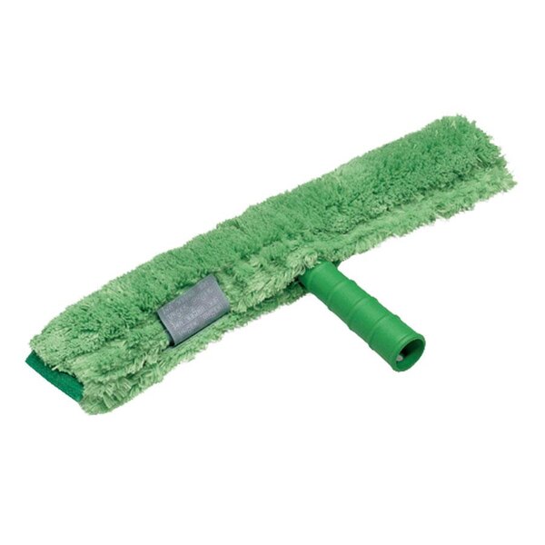 A green rectangular window cleaning cloth with a white plastic handle.