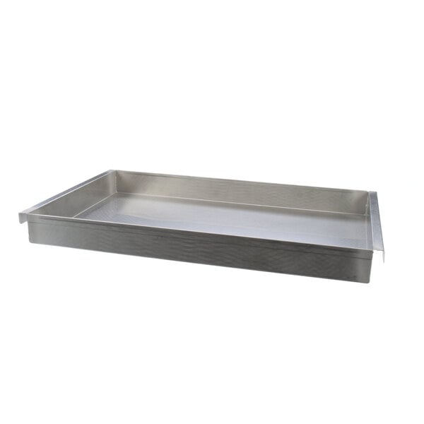A stainless steel water pan with a handle.