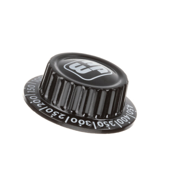A close-up of a black plastic APW Wyott thermostat knob with white text saying "100" on it.