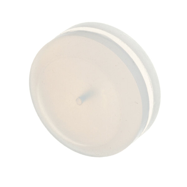 A white round plastic grommet with a hole and a needle.