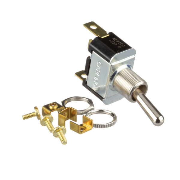 A BevLes toggle switch with metal screws and a metal handle.