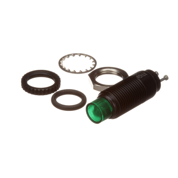 A Cleveland green LED signal light with a metal ring.