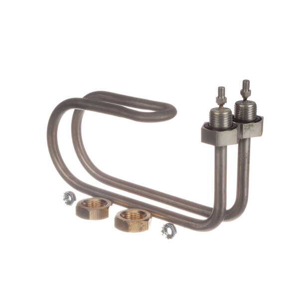 A Wilbur Curtis stainless steel heater element with brass nuts.