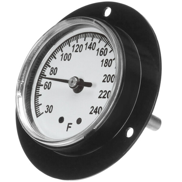 A close-up of a black and white Delfield grill and oven thermometer gauge.