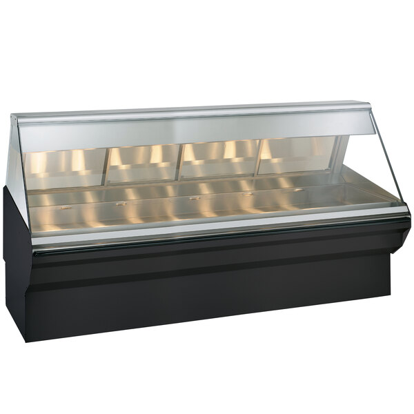 A stainless steel Alto-Shaam heated display case with glass doors on a counter.