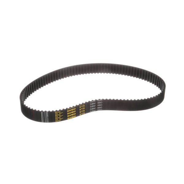A black Globe X40072-1 drive belt with yellow text.