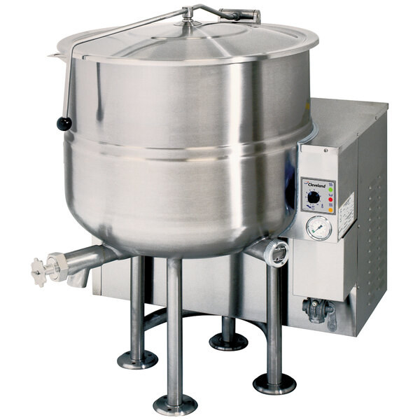 A Cleveland stainless steel stationary steam jacketed kettle with a lid.