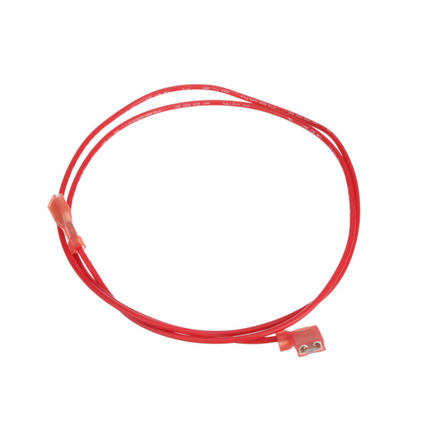A red cable with white terminals.