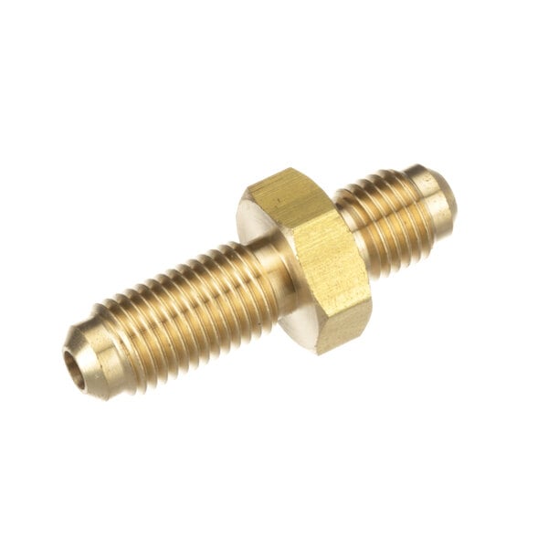A close-up of a brass threaded male connector.
