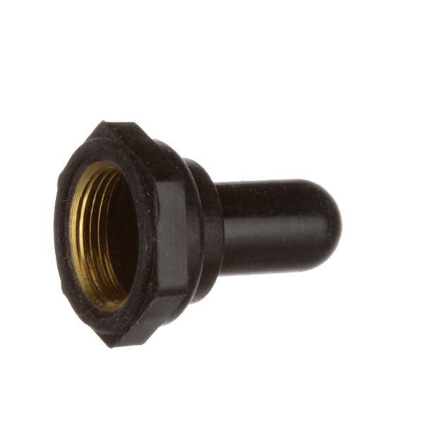 A black and gold threaded pipe fitting with a nut.