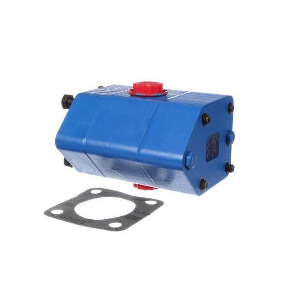 An Ultrafryer Systems blue and black grease pump with a red valve.