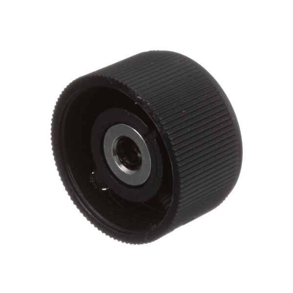 A black plastic knob with a hole in the center.