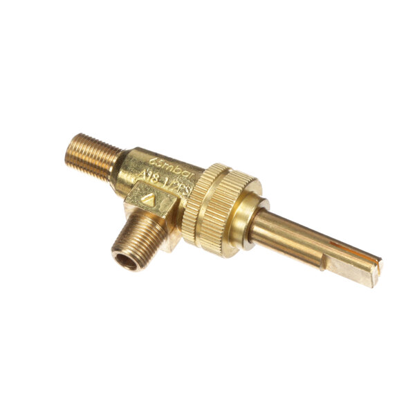 A close-up of a Vulcan brass control valve with a gold handle.
