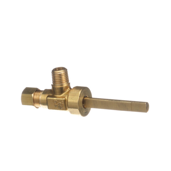 A close-up of a Vulcan brass gas valve with a threaded pipe.