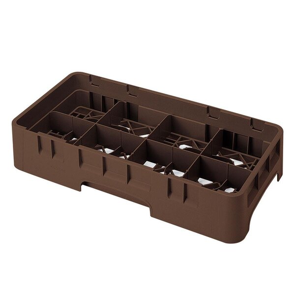 A brown plastic Cambro half size glass rack with 8 compartments.