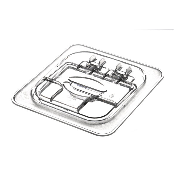 A clear plastic hinged lid on a 1/6 size pan.
