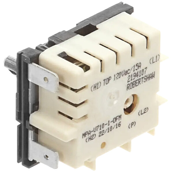 A white and black electrical device with a white cover and switch.
