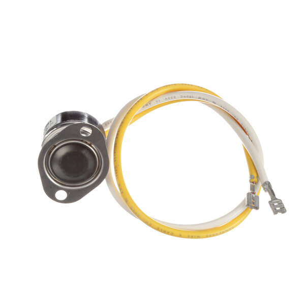 A yellow and white wire with a black connector attached to a Heatcraft defrost timer.