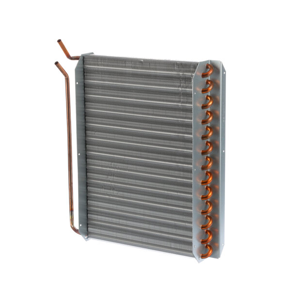 A Delfield condenser coil with copper tubes and a fan.