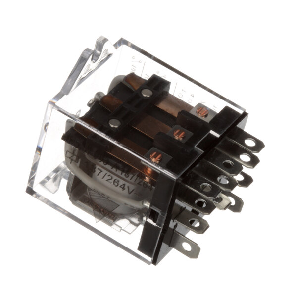 A close-up of an Accutemp relay with black and brown metal parts inside a clear plastic box.