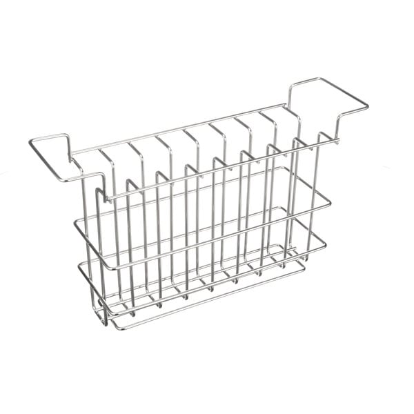A metal wire rack with four compartments for holding food.