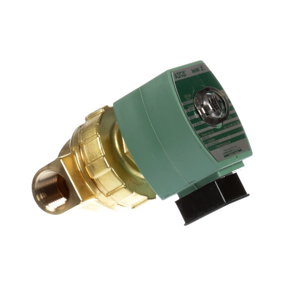 A close-up of a green and brass Unimac solenoid valve.