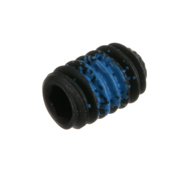 A close-up of a black and blue Henny Penny set screw.
