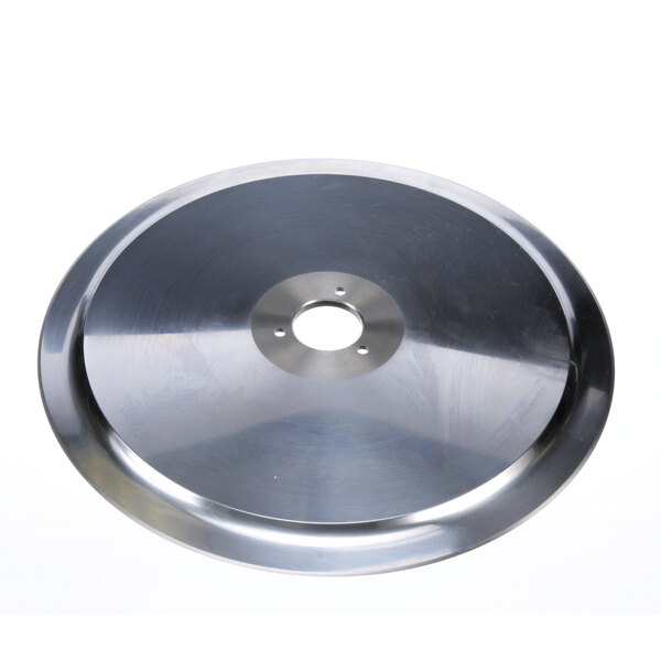 A stainless steel circular disc with three holes.