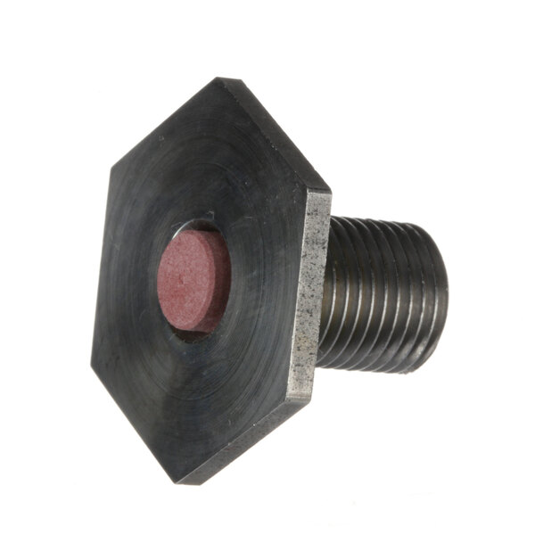 A black screw with a red circle on the end.