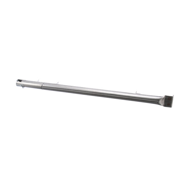 A silver stainless steel Vulcan burner pipe with holes on the side.
