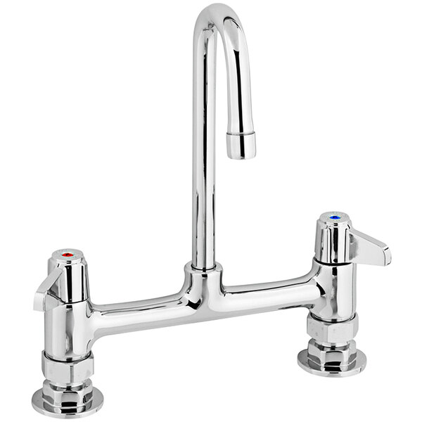 A silver Equip by T&S deck mounted faucet with 2 gooseneck spouts and lever handles.