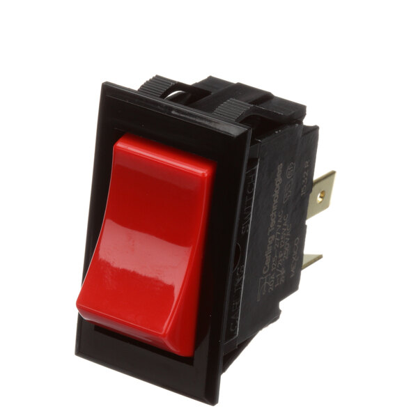 A close-up of a red Vulcan rocker switch with a black rectangular frame.