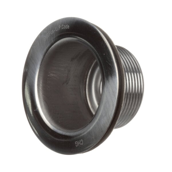 A close-up of a black metal Glastender drain fitting with a threaded end.