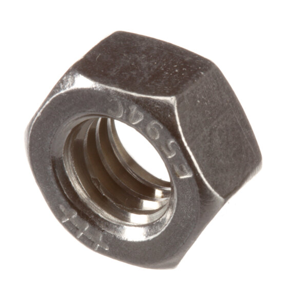 A close-up of a hex nut with a white background.