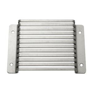 A stainless steel push plate with a metal grid.