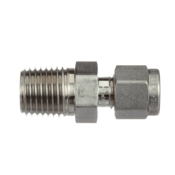 A stainless steel threaded male connector for a Giles fryer.
