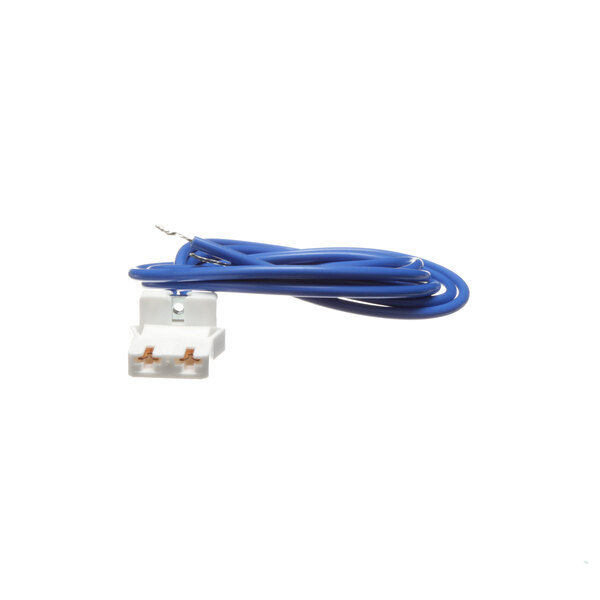 A close-up of a blue electrical cord with a white connector.