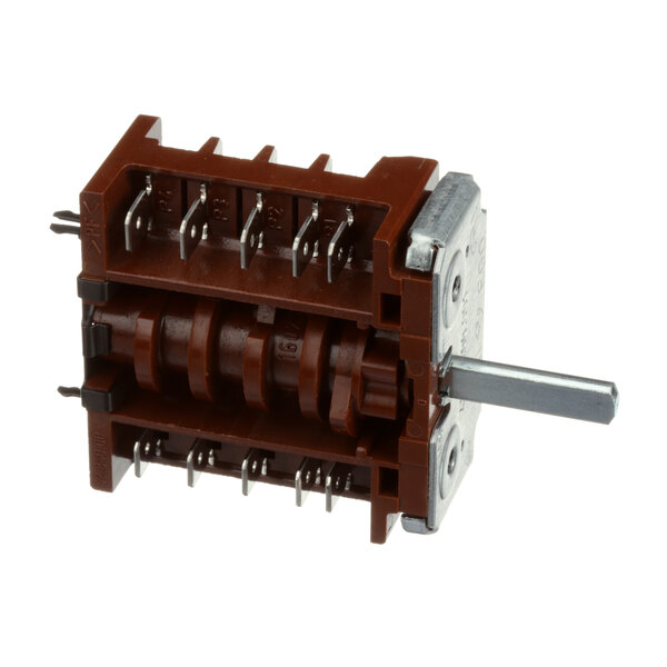 A brown and silver Moffat 3 position switch with a metal handle.