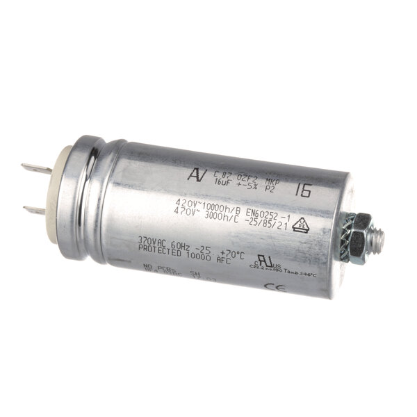 A close-up of a silver Globe M039 start capacitor.