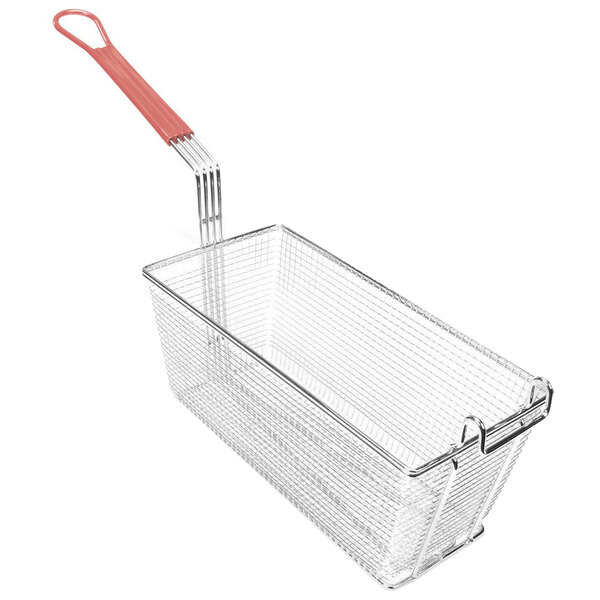 A Grindmaster-Cecilware fryer basket with a wire frame and red handle.