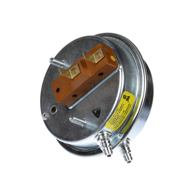 A round metal Baxter air flow switch with two wires.