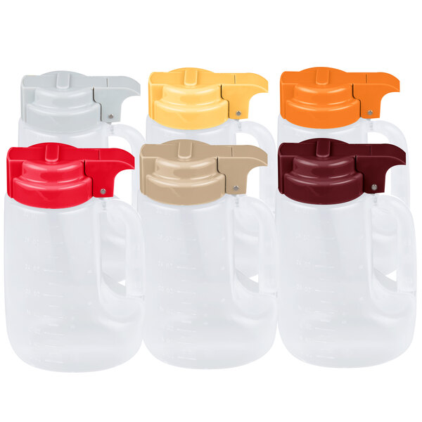 A set of six Tablecraft plastic dispensers with assorted tops.