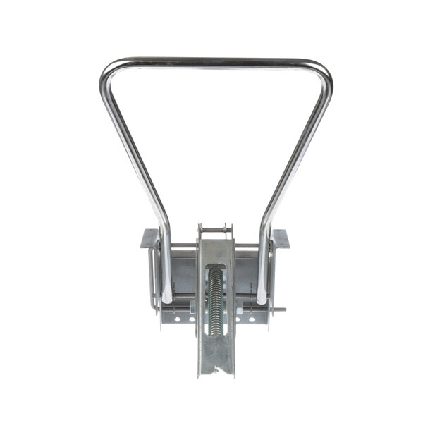 A metal handle with a metal hook on it for a Silver King refrigerated beverage dispenser valve.