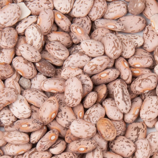 A close up of a pile of dried pinto beans with brown specks.