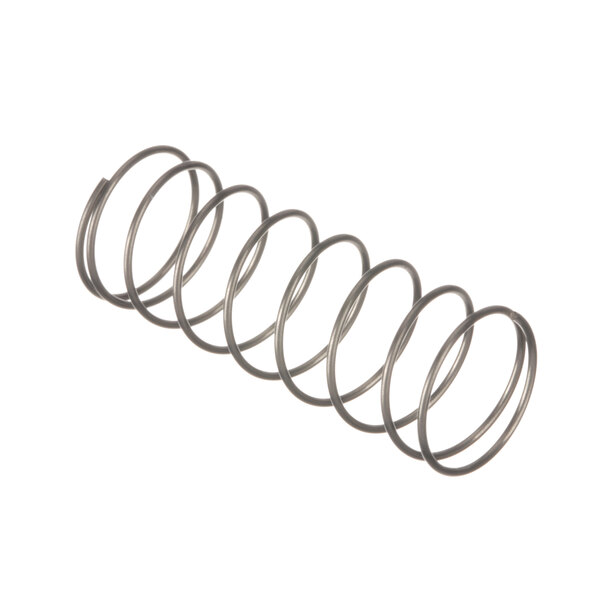 A close-up of a metal spring on a white background.