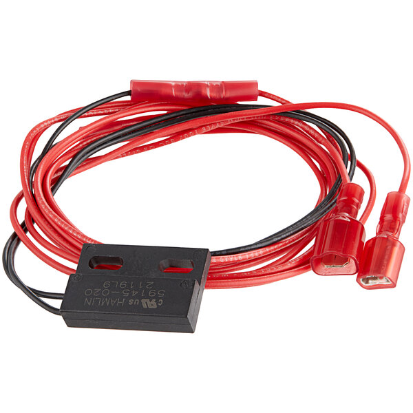 A black rectangular Accutemp door switch with red and black electrical wires.