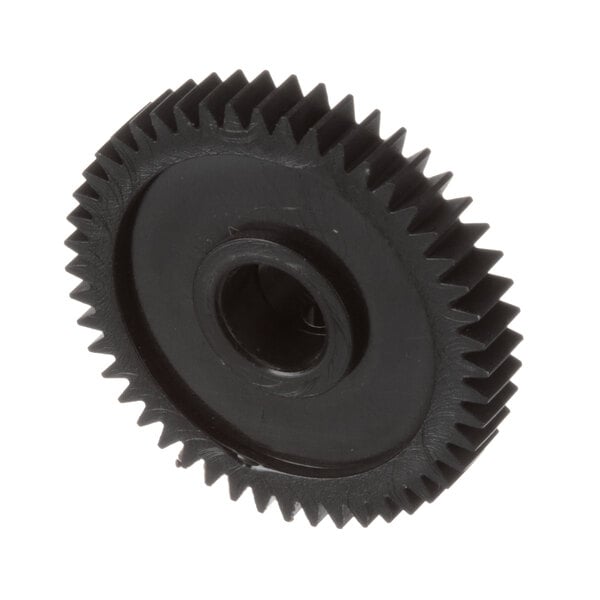 A black Merrychef stirrer motor gear with a hole.