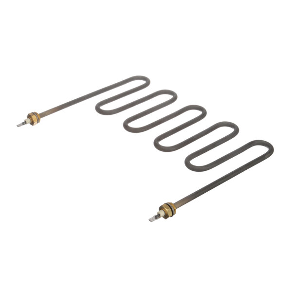 A metal heating element with two coils and a nut.