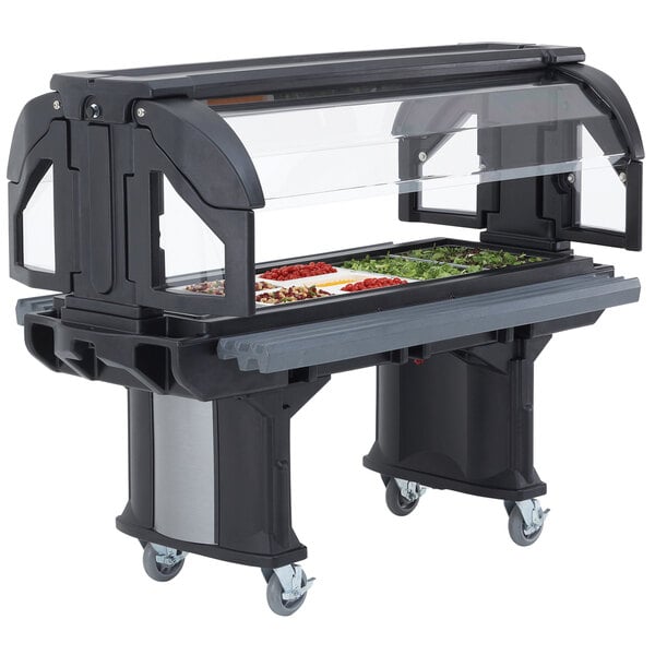 A black Cambro Versa food and salad bar with wheels holding food.